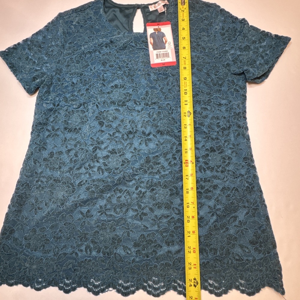 Lace Top Teddi Rose‎ Floral Scalloped Keyhole Short Sleeve Teal Blue Medium - Picture 4 of 7